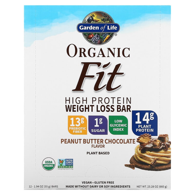 Garden of Life Organic Fit High Protein Weight Loss Bar Peanut Butter Chocolate 12 Bars 1.94 oz (55 g) Each 658010119153