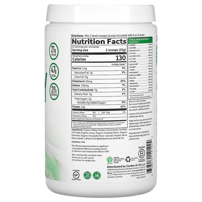 Garden of Life, Organic Whey Protein, Grass-Fed, Chocolate Cacao, 13.96 oz (396 g) 658010121224