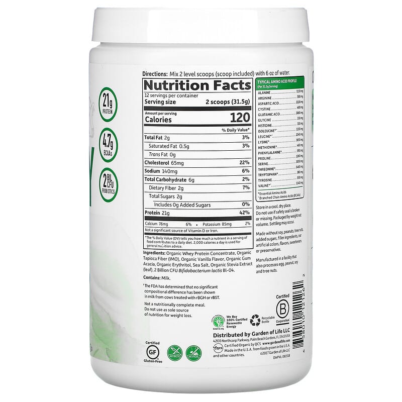 Garden of Life, Organic Whey Protein, Grass-Fed, Vanilla, 13.33 oz (378 g) 658010121262