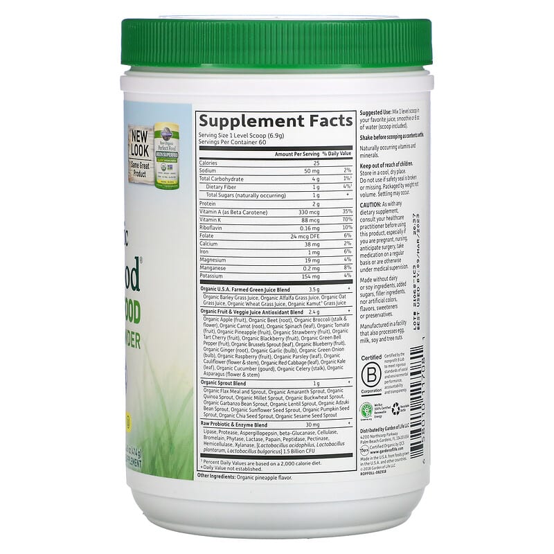Garden of Life, Raw Organic Perfect Food, Green Superfood, Juiced Greens Powder, Original, 14.6 oz (414 g) 658010117081