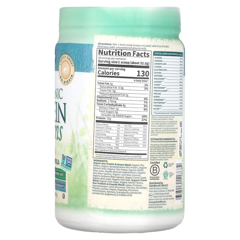 Garden of Life, RAW Organic Protein & Greens, Plant Formula, Lightly Sweet, 22.92 oz (650 g) 658010118682