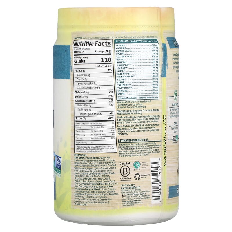Garden of Life, RAW Organic Protein, Organic Plant Formula, Unflavored, 19.75 oz (560 g) 658010114158