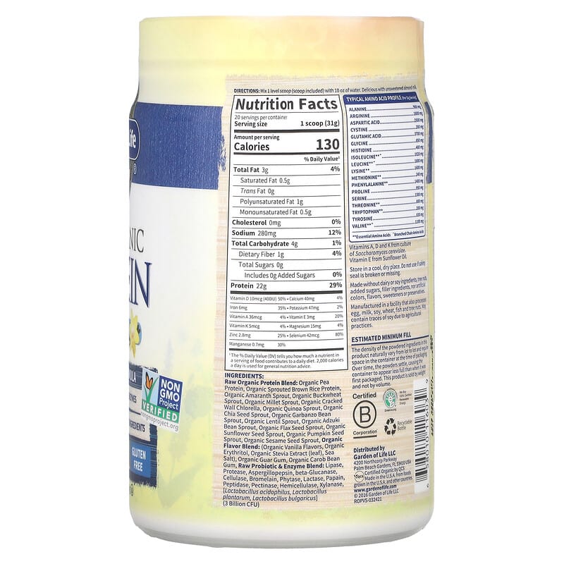 Garden of Life, RAW Organic Protein, Organic Plant Formula, Vanilla, 21.86 oz (620 g) 658010116039