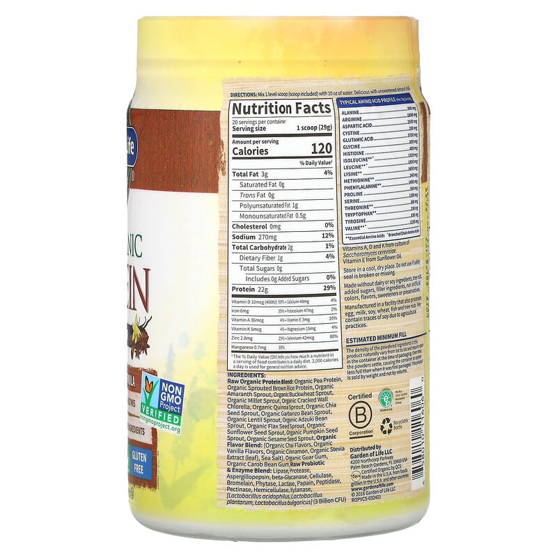 Garden of Life, RAW Organic Protein, Organic Plant Formula, Vanilla Chai, 16 lbs 4.45 oz (580 g) 658010116060