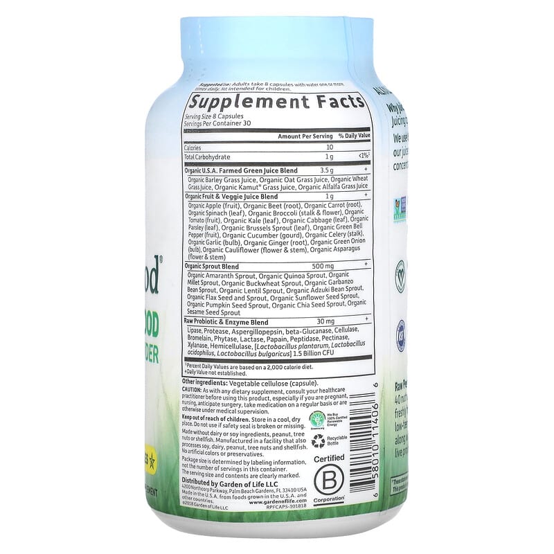 Garden of Life, RAW Perfect Food, Green Superfood, Juiced Greens Powder, 240 Vegan Capsules 658010114066