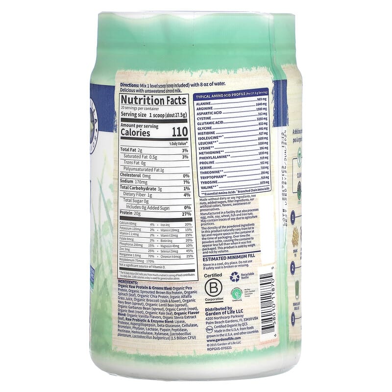 Garden of Life, RAW Protein & Greens, Organic Plant Formula, Vanilla, 19.40 oz (550 g) 658010118705