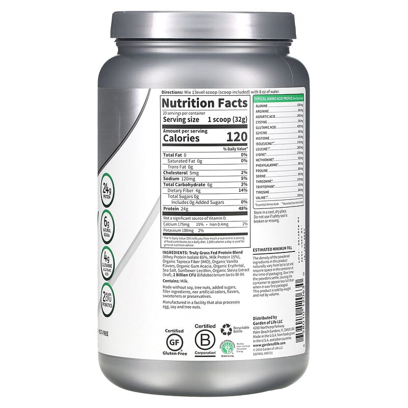Garden of Life, Sport, Certified Grass Fed Whey, Vanilla, 22.57 oz (640 g) 658010120630