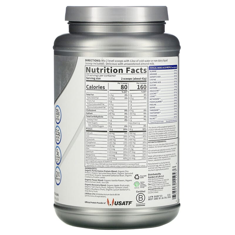 Garden of Life, Sport, Organic Plant-Based Protein, Vanilla, 1 lb 12 oz (806 g) 658010119436