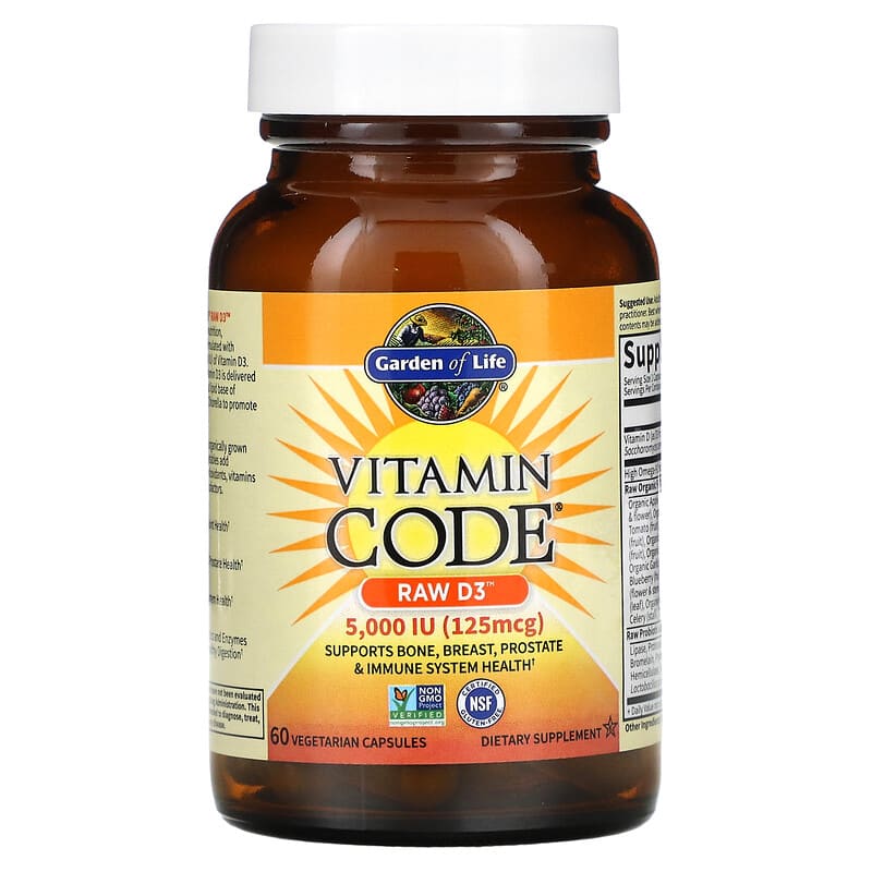 Garden of Life, Vitamin Code, RAW D3, 125 mcg (5,000 IU), 60 Vegetarian Capsules 658010115865