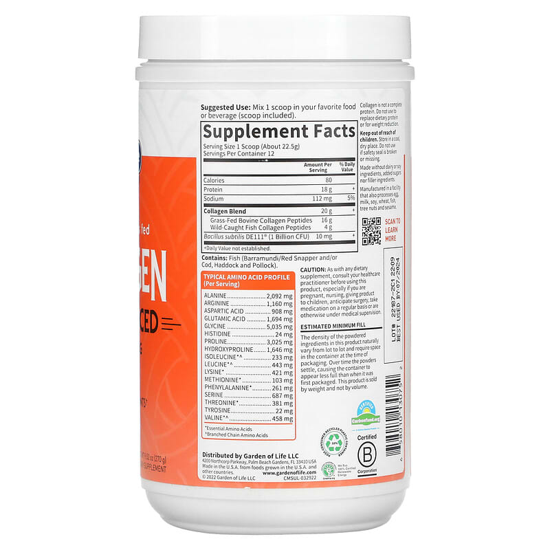 Garden of Life, Wild Caught & Grass Fed Collagen, Multi-Sourced, Unflavored, 9.52 oz (270 g) 658010130752