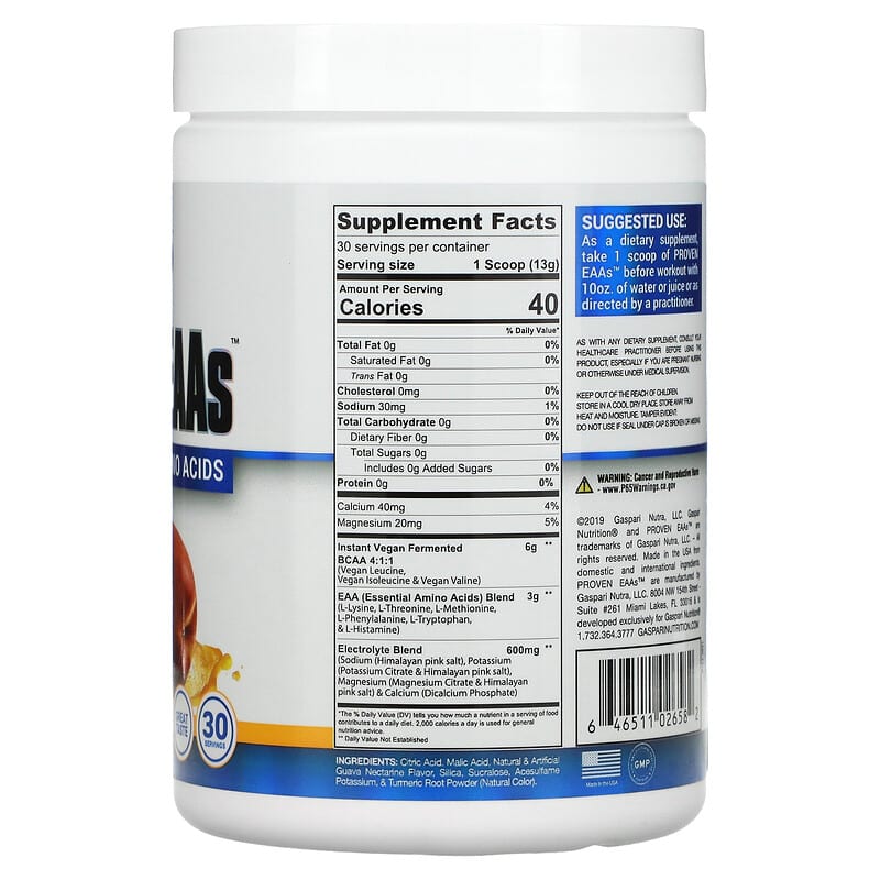 Gaspari Nutrition, Proven EAAs with 9 Essential Amino Acids, Guava Nectarine, 13.75 oz (390 g) 646511026582