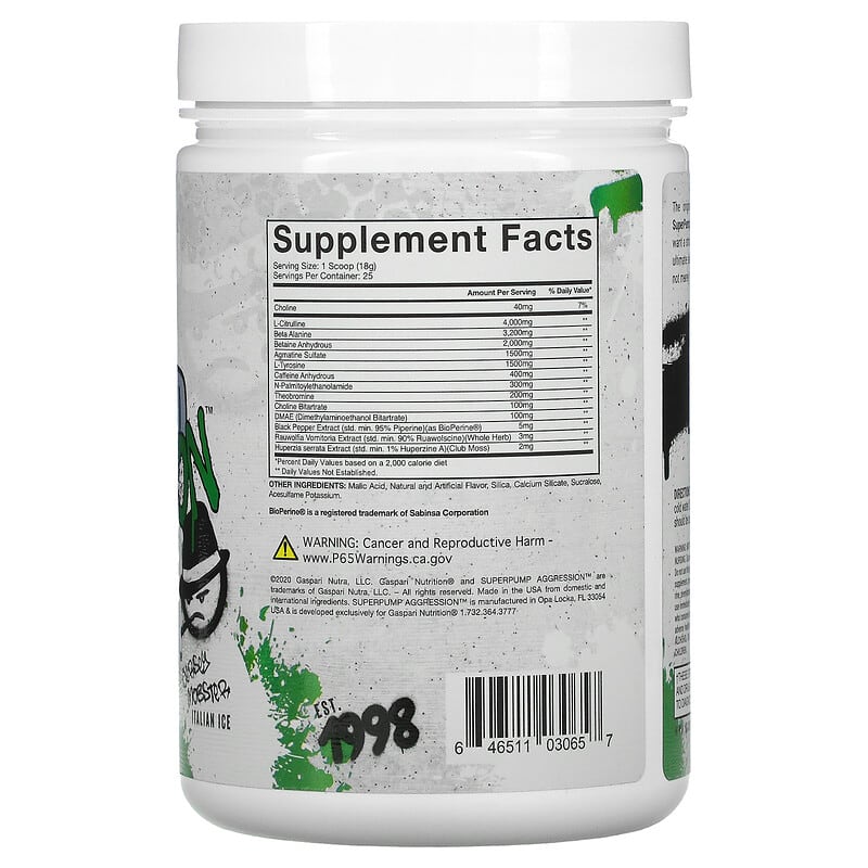 Gaspari Nutrition, SuperPump Aggression Pre-Workout, Jersey Mobster Italian Ice, 450 g 646511030657