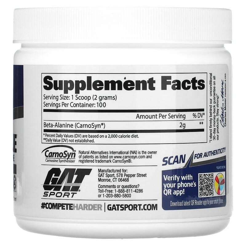 GAT, Beta Alanine, Unflavored, 7.1 oz (200 g) 859613220035