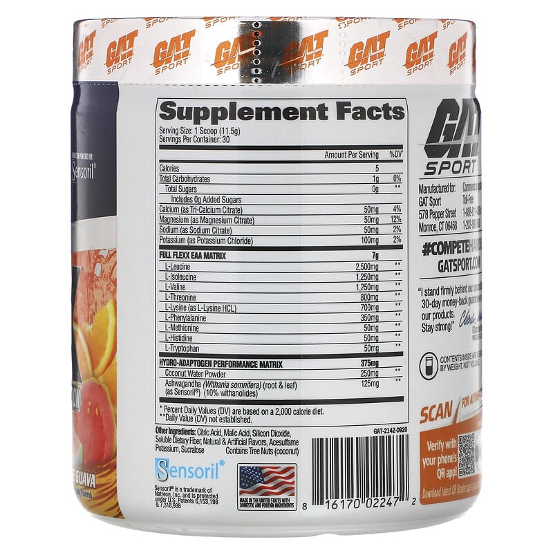 GAT, Flexx EAAs + Hydration, Orange Guava, 12.2 oz (345 g) 816170022472