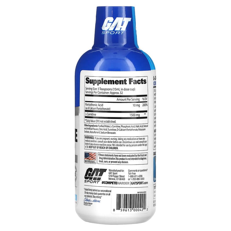GAT, L-Carnitine, Amino Acid, Blue Raspberry, 1,500 mg, 16 oz (473 ml) 859613000422