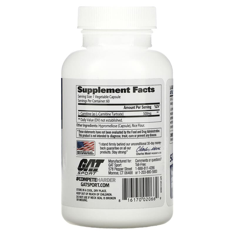 GAT, L-Carnitine, Amino Acid, Free Form, 60 Vegetable Capsules 816170020669