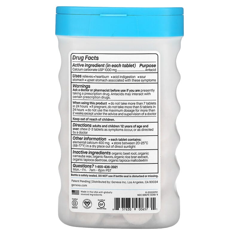 Genexa LLC, Antacid Maximum Strength, Organic Berry & Vanilla , 1000 mg , 72 Chewable Tablets 857630006571