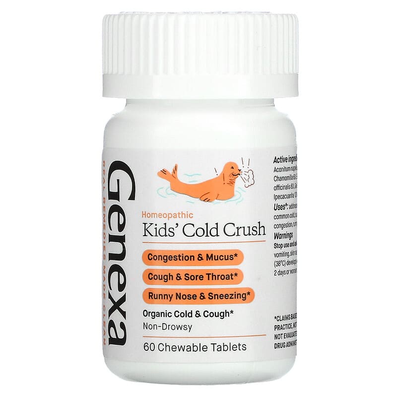 Genexa LLC, Kids´ Cold Crush, Cold & Cough, Ages 3+, Organic Acai Berry, 60 Chewable Tablets 857630006045
