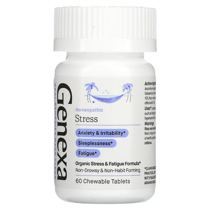 Genexa LLC, Stress, Organic Stress & Fatigue Formula, Organic Vanilla & Lavender, 60 Chewable Tablets 857630006007
