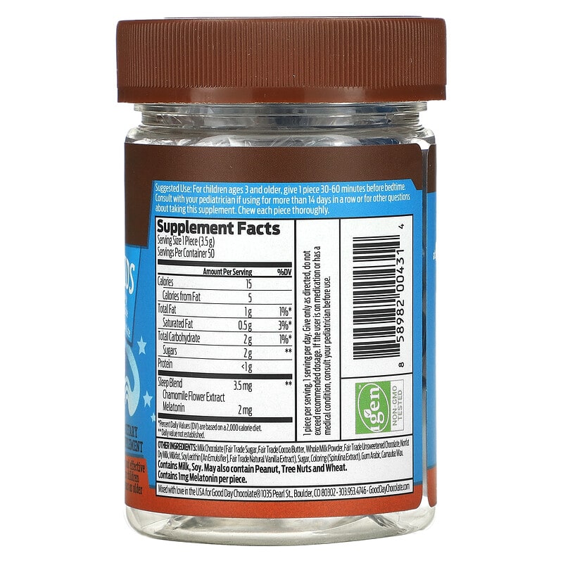 Good Day Chocolate, Sleep For Kids, Nighty Night Sleep Tight, 50 Chocolate Supplement Pieces 858982004314