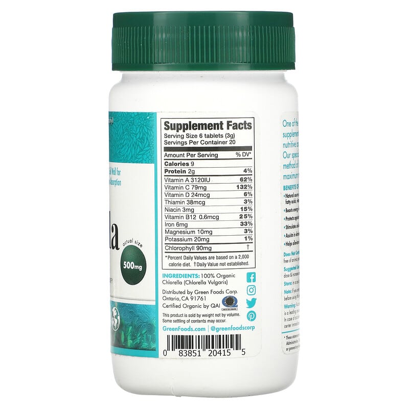 Green Foods Corporation, Organic Chlorella, 500 mg, 120 Tablets 83851204155
