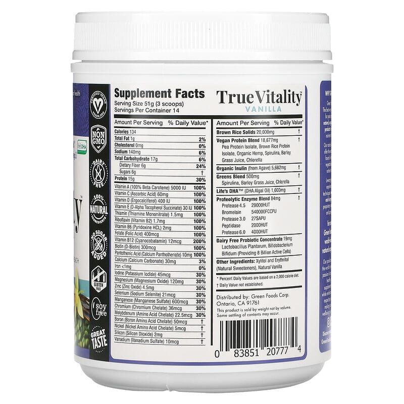 Green Foods Corporation, True Vitality, Plant Protein Shake with DHA, Vanilla, 25.2 oz (714 g) 83851207774