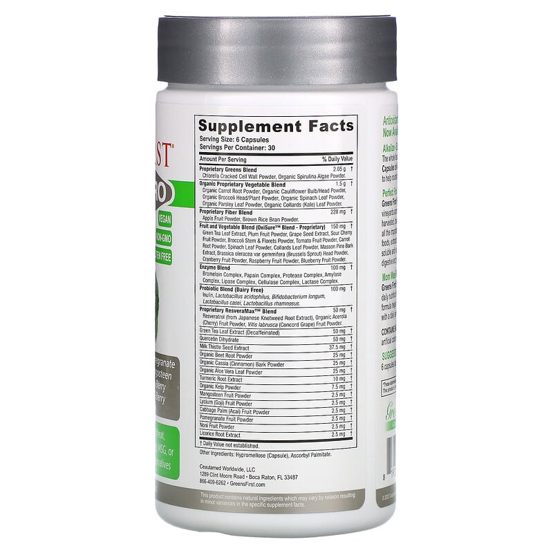 Greens First, PRO Phytonutrient Antioxidant Superfood, 180 Capsules 819354001089