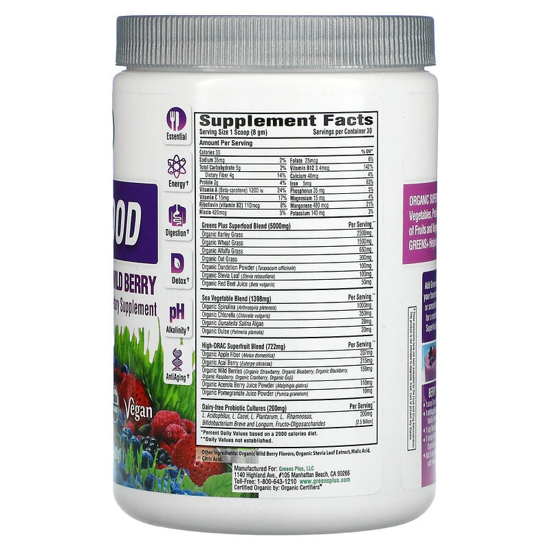 Greens Plus, Organics Superfood, Wild Berry, 8.46 oz (240 g) 769745100085