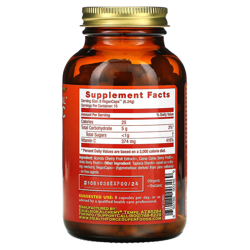 HealthForce Superfoods, Truly Natural Vitamin C, 120 Vegan Caps 650786003469
