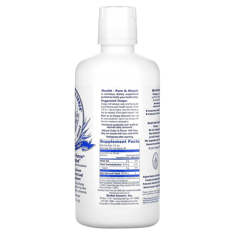 Herbal Answers, Inc, Pure Aloe Force, Liquified Aloe Vera Leaf, 32 fl oz (946 ml) 639764102646