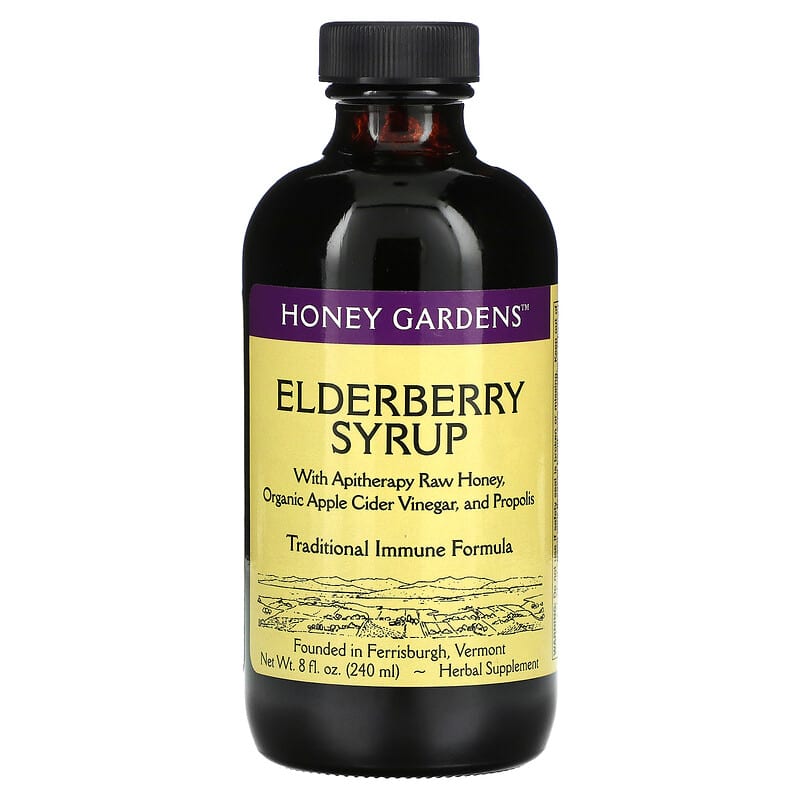 Honey Gardens Elderberry Syrup with Apitherapy Raw Honey Organic Apple Cider Vinegar and Propolis 8 fl oz (240 ml) 22318000329
