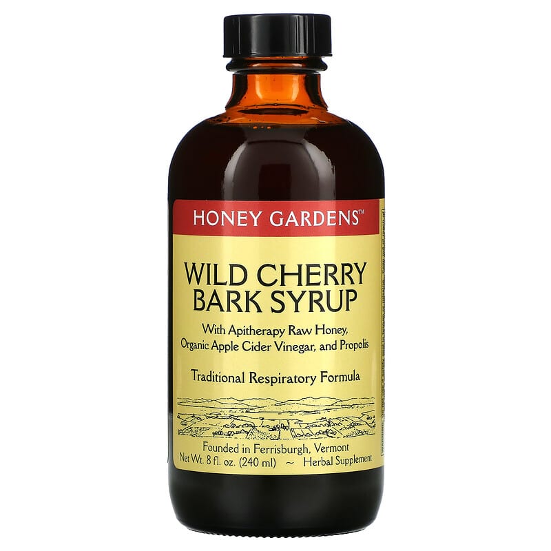 Honey Gardens Wild Cherry Bark Syrup with Apitherapy Raw Honey Organic Apple Cider Vinegar and Propolis 8 fl oz (240 ml) 22318000336