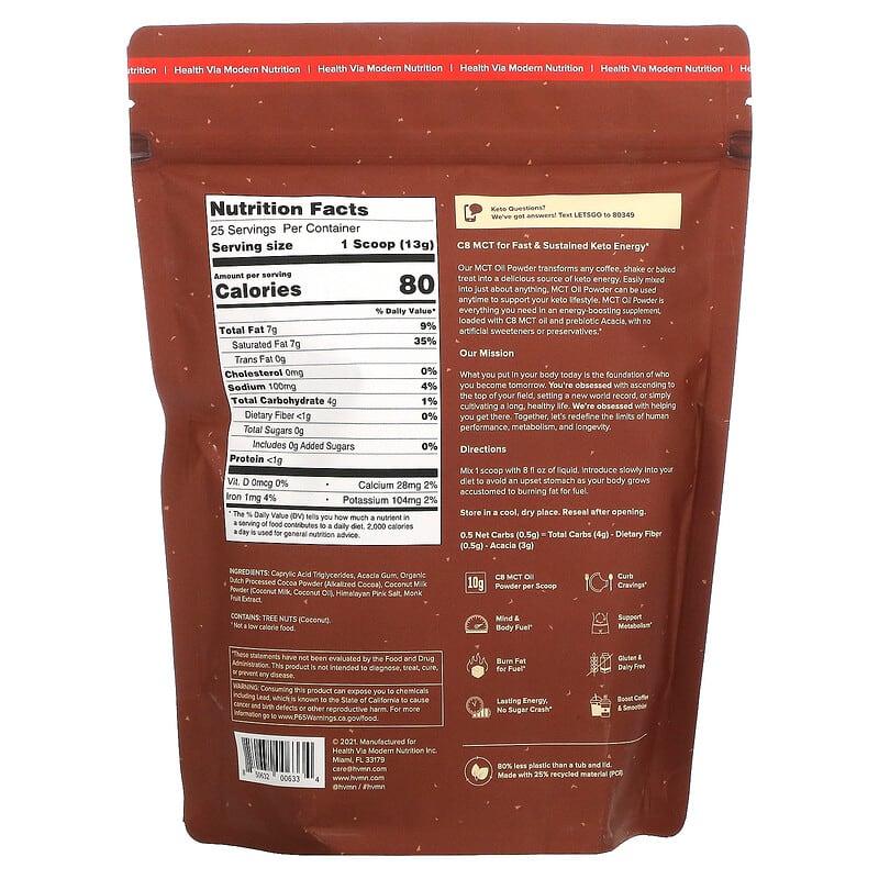 HVMN, MCT Oil Powder, Chocolate, 11.1 oz (315 g) 850632006334