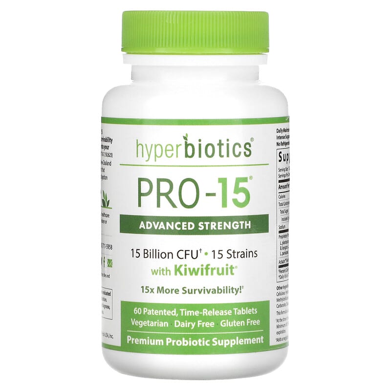 Hyperbiotics PRO-15 Advanced Strength with Kiwifruit 15 Billion CFU 60 Patented Time-Release Tablets 9506000058573