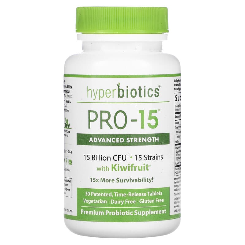 Hyperbiotics PRO-15 with Kiwifruit Advanced Strength 15 Billion CFU 30 Patented Time-Release Tablets 9506000058542