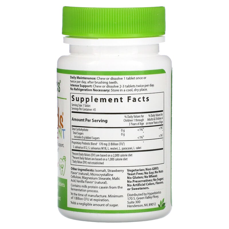 Hyperbiotics, PRO-Kids ENT, Sugar Free, Strawberry Vanilla, 45 Patented LiveBac Chewable Tablets 9506000113715