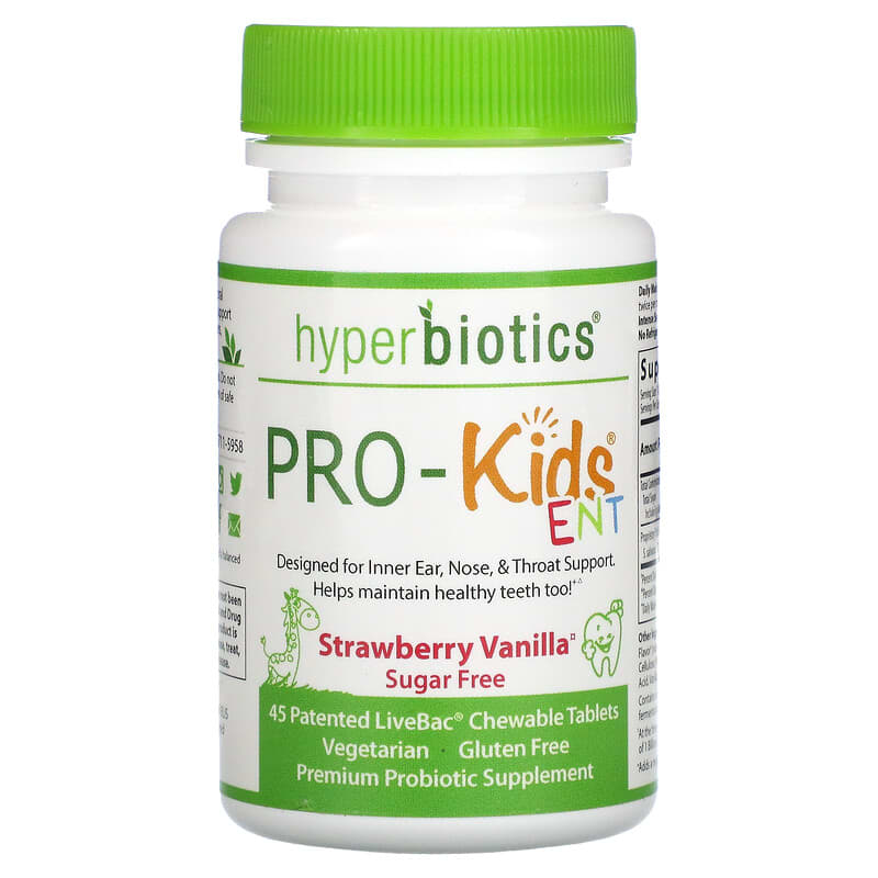 Hyperbiotics PRO-Kids ENT Sugar Free Strawberry Vanilla 45 Patented LiveBac Chewable Tablets 9506000113715