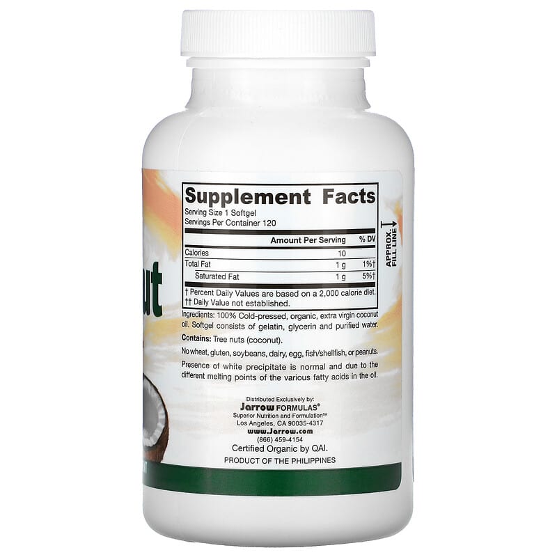 Jarrow Formulas, Coconut Oil, Extra Virgin, 1,000 mg, 120 Softgels 790011160472