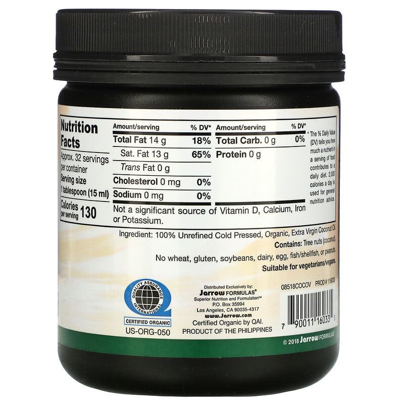 Jarrow Formulas, Extra Virgin Coconut Oil, 16 fl oz (473 g) 790011160335