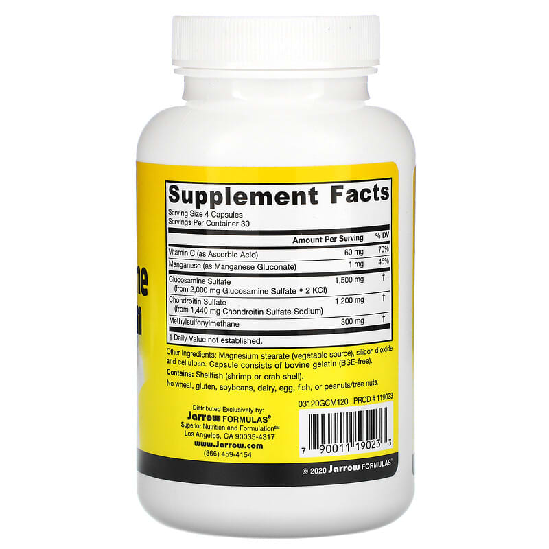 Jarrow Formulas, Glucosamine + Chondroitin + MSM with Manganese and Vitamin C, 120 Capsules 790011190233