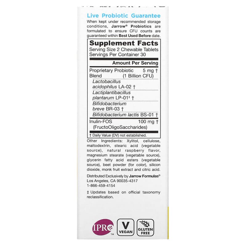Jarrow Formulas, Jarro-Dophilus Kids, Probiotic + Prebiotic, Sugar Free, Natural Raspberry , 1 Billion CFU, 60 Chewable Tablets 790011030690