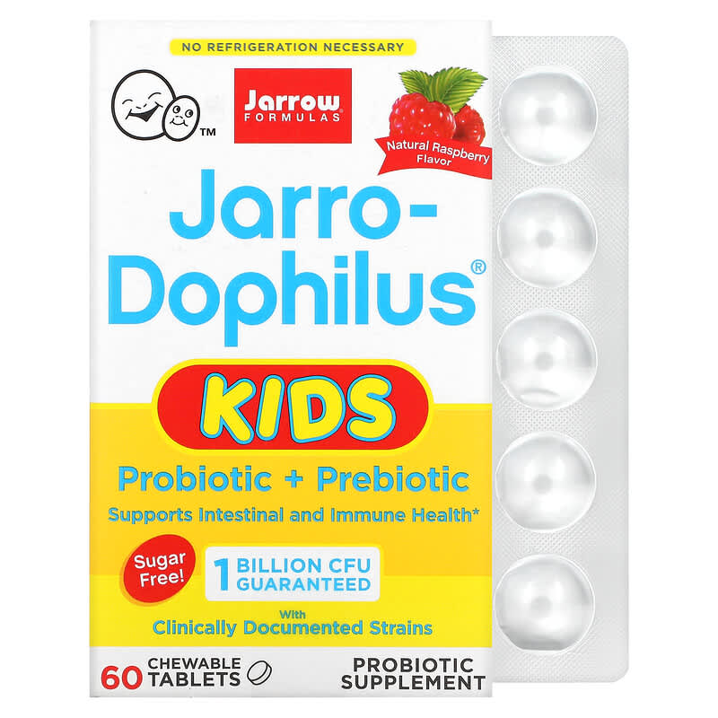 Jarrow Formulas Jarro-Dophilus Kids Probiotic + Prebiotic Sugar Free Natural Raspberry  1 Billion CFU 60 Chewable Tablets 790011030690