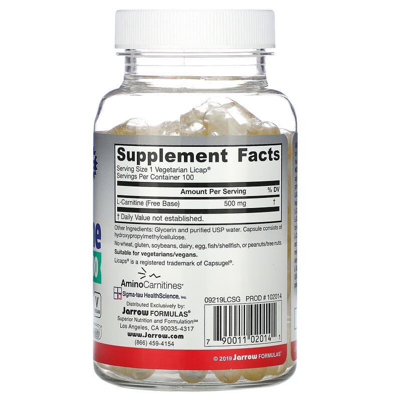 Jarrow Formulas, L-Carnitine 500, 500 mg, 100 Veggie Licaps 790011020141