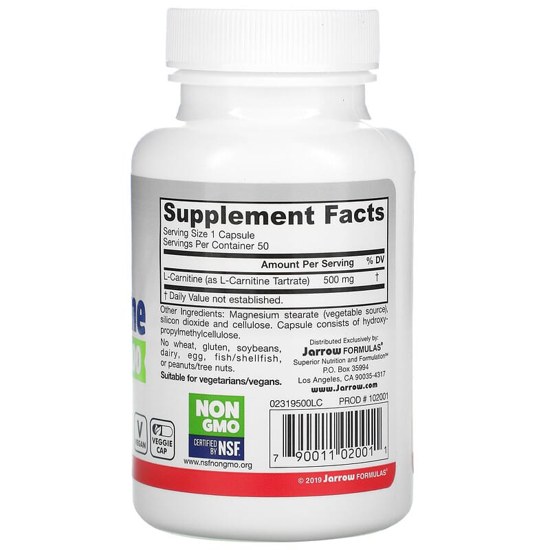 Jarrow Formulas, L-Carnitine 500, 500 mg, 50 Veggie Caps 790011020011