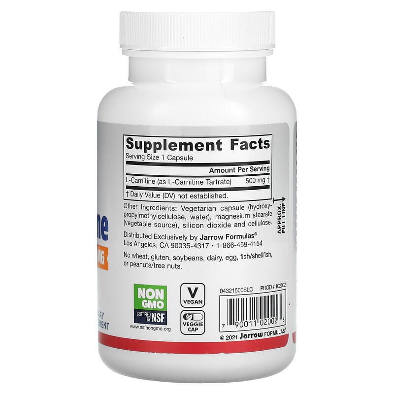 Jarrow Formulas, L-Carnitine, 500 mg, 100 Veggie Caps 790011020028