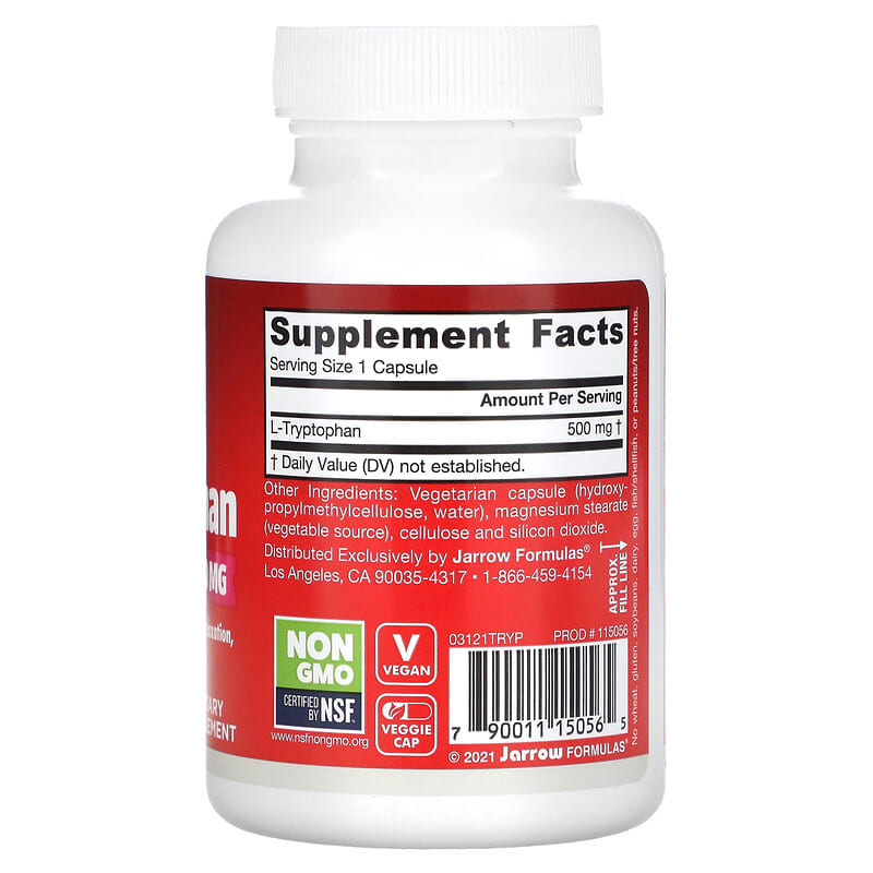 Jarrow Formulas, L-Tryptophan, 500 mg, 60 Veggie Caps 790011150565