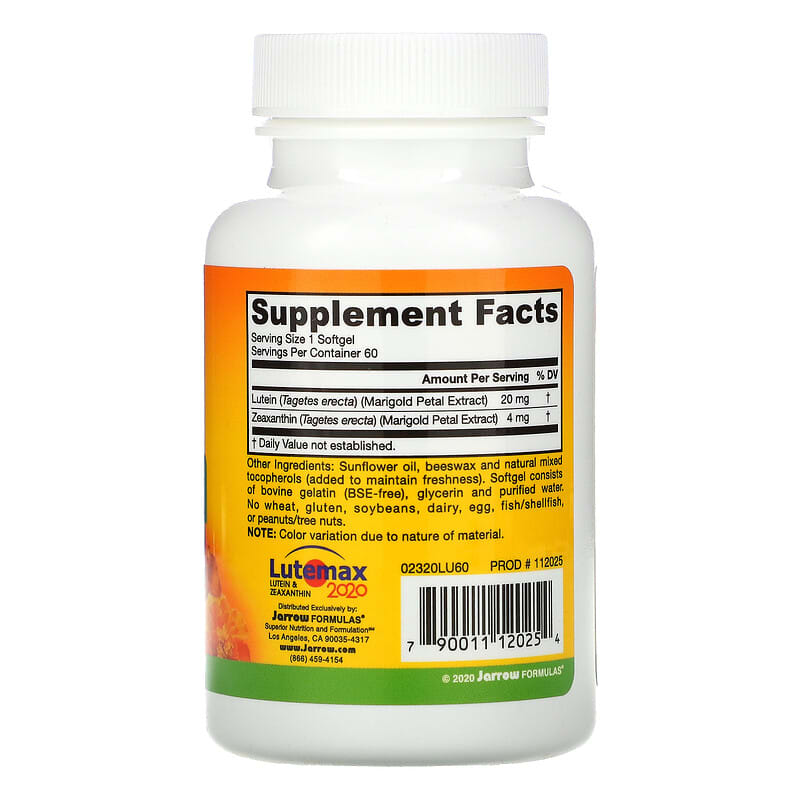 Jarrow Formulas, Lutein, 20 mg, 60 Softgels 790011120254
