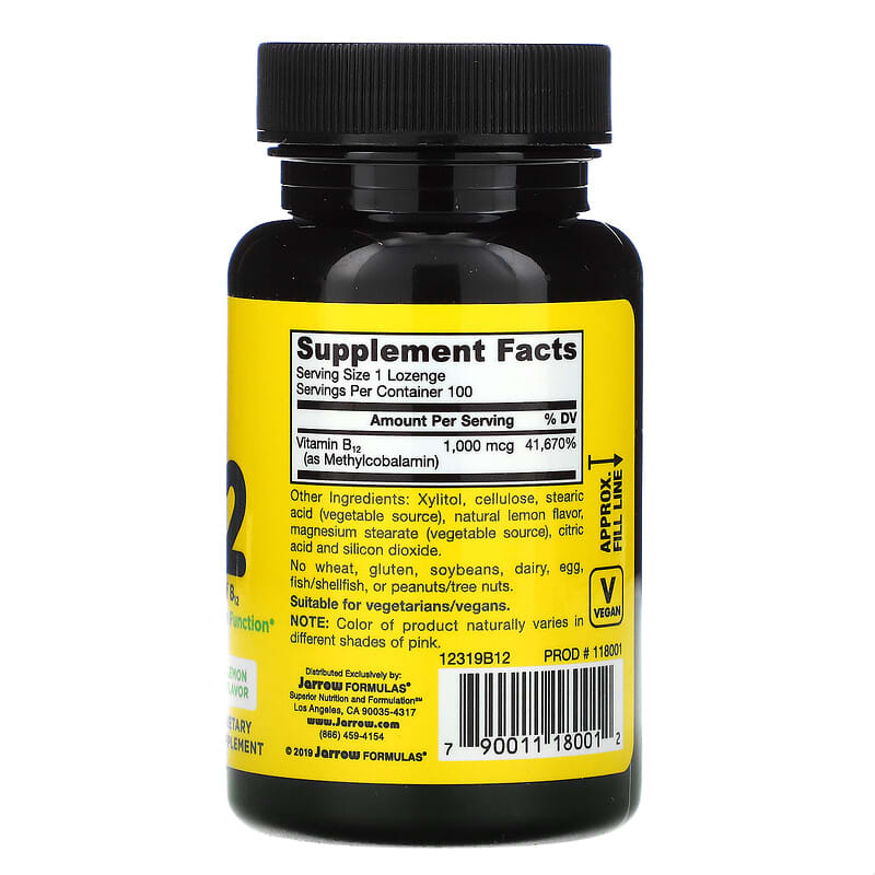 Jarrow Formulas, Methyl B-12, Lemon, 1,000 mcg, 100 Chewable Lozenges 790011180012