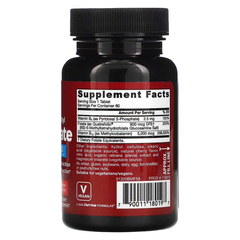 Jarrow Formulas, Methyl B-12 & Methyl Folate, Cherry Flavor, 5000 mcg / 800 mcg, 60 Chewable Tablets 790011180197