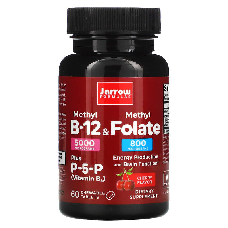 Jarrow Formulas Methyl B-12 & Methyl Folate Cherry Flavor 5000 mcg/800 mcg 60 Chewable Tablets 790011180197